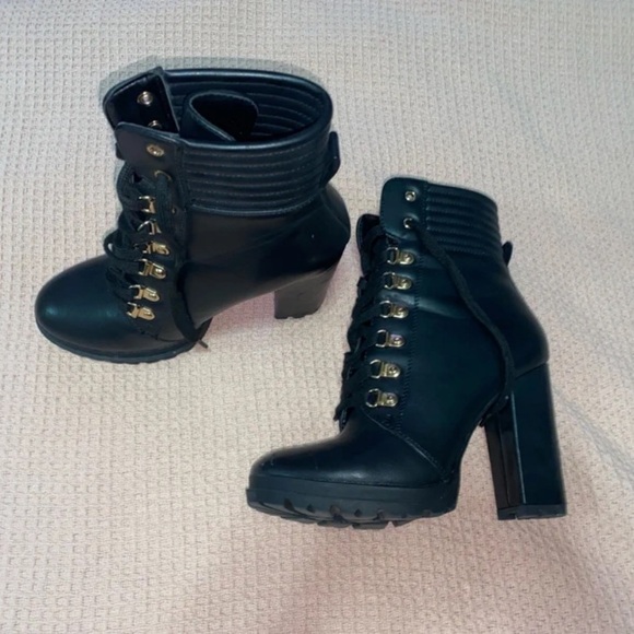 JustFab Black Lace-Up Heeled Boots with Gold Accents - Picture 4 of 8